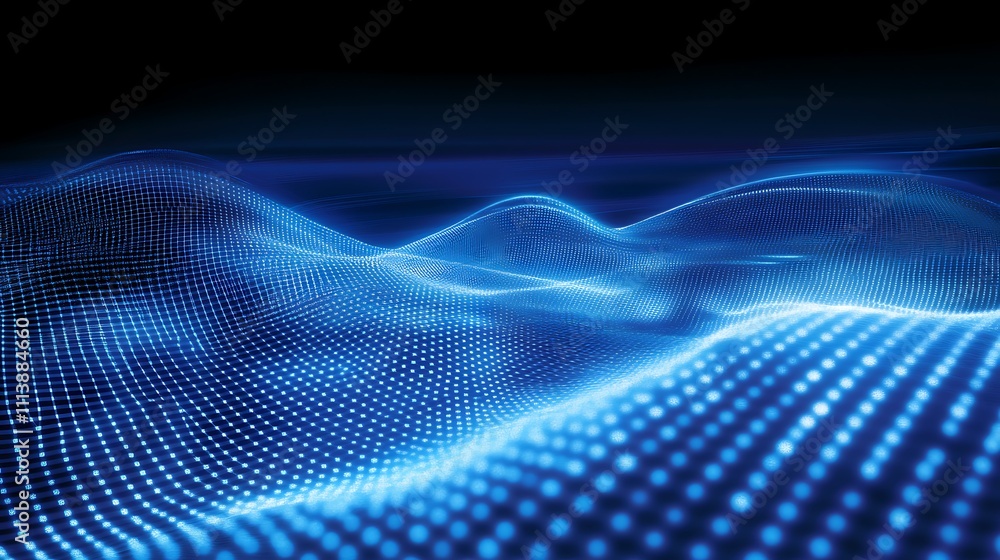 Poster abstract blue wave form with dots representing digital data flow in futuristic conceptual background
