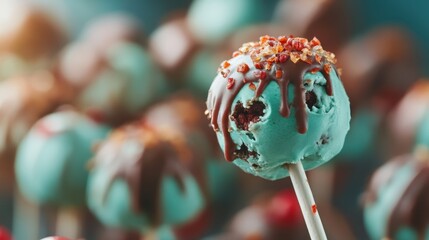 Delicious cake pops adorned in mint green with red drizzle and topped with candy, offering a sweet delight and a visually appealing treat.
