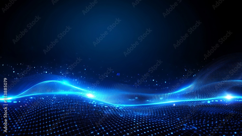 Poster abstract blue waves with light particles in a dark background for technology and digital themes