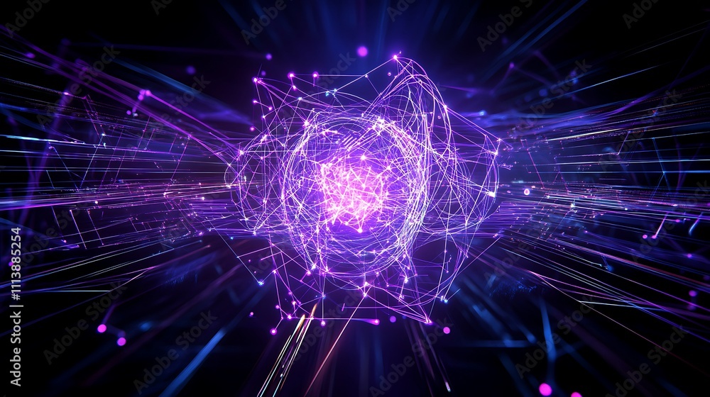 Poster abstract burst of light with dynamic lines and patterns in futuristic purple colors