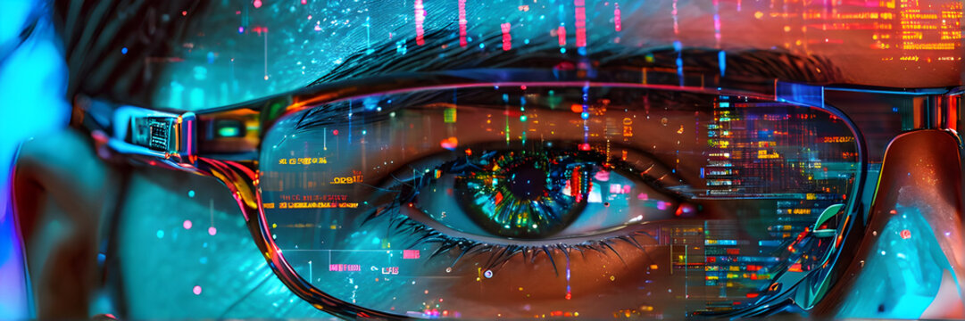 Computer code on hacker programmer eyeglasses Closeup Cyber Information Digital Data Software Security Technology Banner