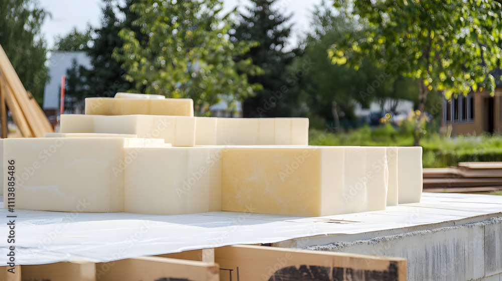 Poster Constructing foam blocks in outdoor construction site building material nature view