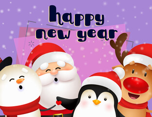 New Year postcard design with cute Santa, reindeer, penguin and snowman singing and having fun on purple background. Vector illustration for Christmas posters, greeting and invitation card templates
