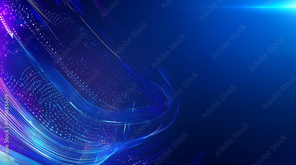 Poster abstract colorful light waves with sparkling particles on a deep blue background for modern design p
