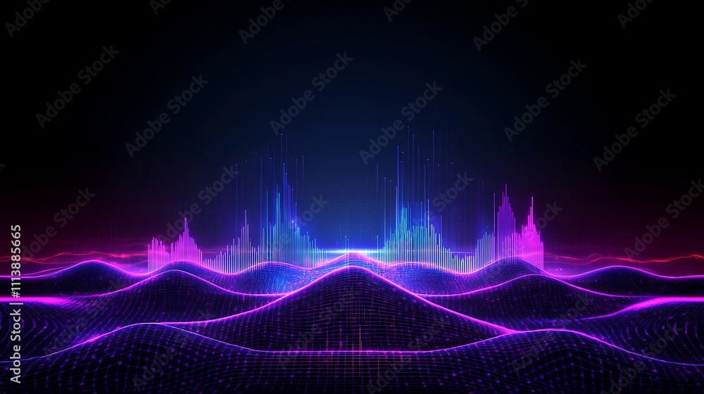Poster abstract colorful sound waves in neon lights creating dynamic visual effects on dark background