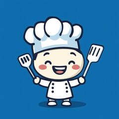 Happy cartoon chef holding spatulas.