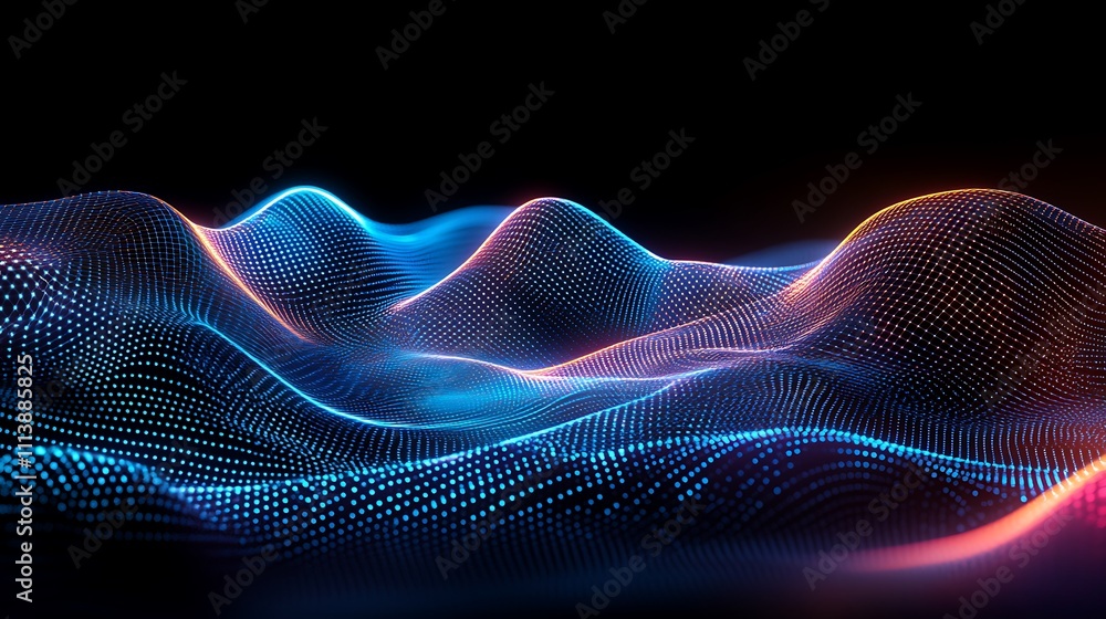 Poster abstract colorful wave pattern with neon lights and dots on a black background for modern designs