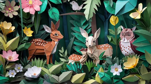 Paper Origami Forest: Deer Family and Owl in a Lush Green Habitat