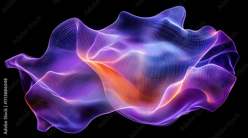 Poster abstract colorful waveform with smooth curves and illuminating light effects on black background