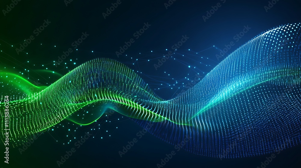Poster abstract colorful waves with dynamic flow and glowing particles in green and blue background