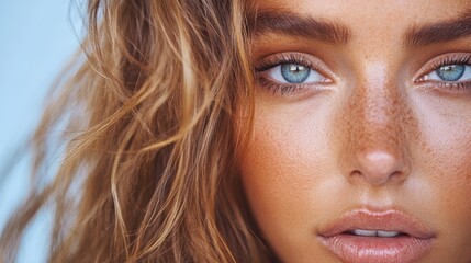 Obraz premium A captivating close-up of a woman showcasing expressive eyes and textured skin, artfully composed with soft lighting, highlighting emotional depth and intrigue.