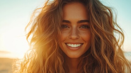 A cheerful woman with wavy hair beams a bright smile, illuminated by warm, golden sunlight, capturing a moment of joyful expression in an outdoor setting.