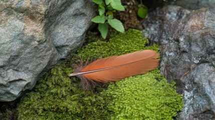 Orange Bird Feather Resting On Mossy Rocks
