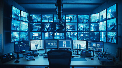 Modern factory security control room with multiple monitors