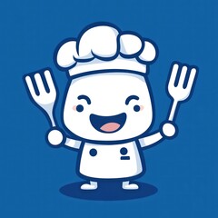 Happy chef cartoon character holding forks.