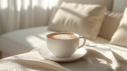 A cozy cup of coffee rests on a soft surface, inviting relaxation and enjoyment.