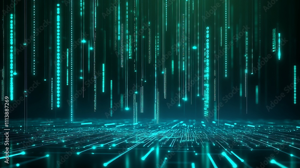 Poster abstract digital background with bright green lines and numbers in a futuristic data environment