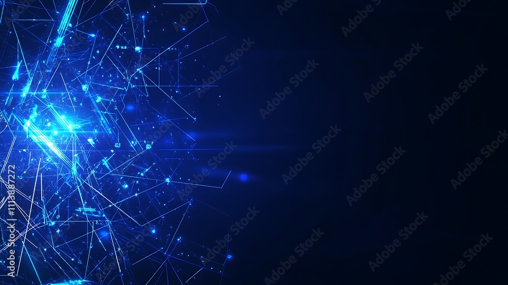 Poster abstract digital background with bright blue lines and dots in a dark space representing technology 
