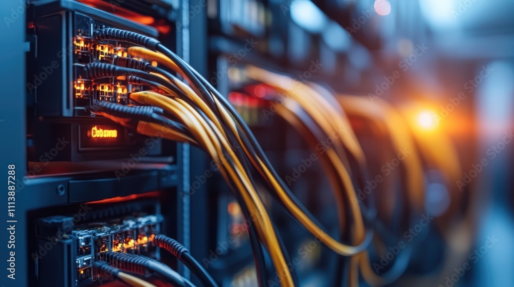 Poster a detailed shot of brightly colored network cables neatly organized in a server rack, showcasing the