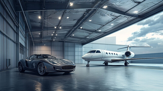 Luxury car and private jet parked in a modern airport hangar