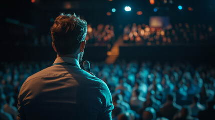 Male speaker addressing a large audience at a conference event