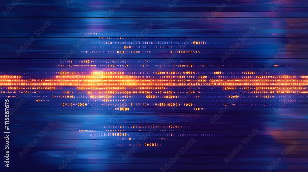 Poster abstract digital background with glowing binary code waves in blue and orange hues for technology th