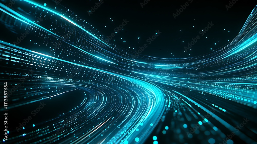 Poster abstract digital background with glowing blue lines and particles flowing in curved patterns
