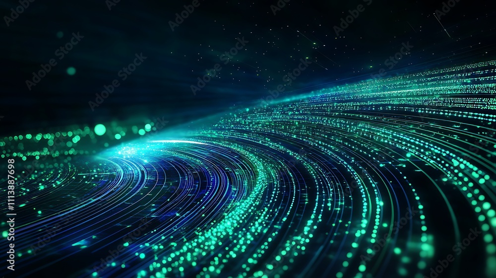 Poster abstract digital background with glowing blue and green particles creating a dynamic flowing pattern
