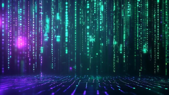 Abstract digital background with glowing binary code rain in vibrant green and purple tones for tech concepts