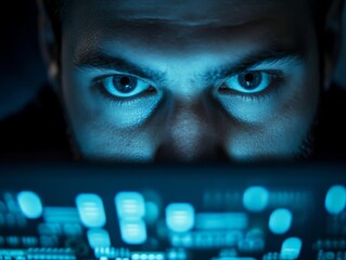 Intense Hacker Focused on Computer Screen