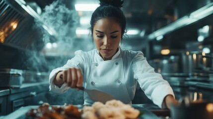 A professional chef in a white uniform focuses intently on her culinary task, skillfully preparing food in a well-equipped kitchen filled with steam.