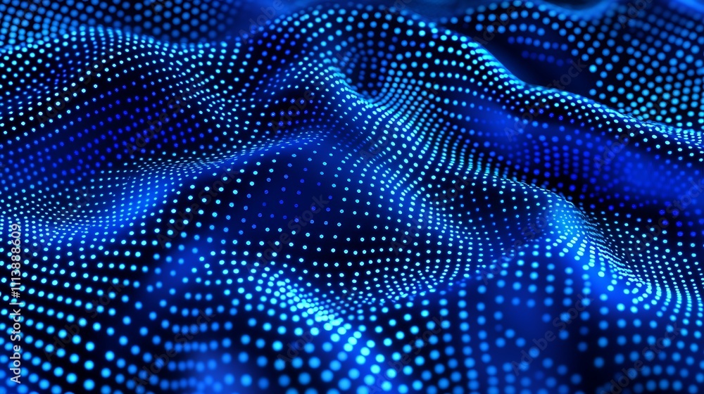 Poster abstract digital blue waves with dots creating fluid motion and depth for technology and creative pr
