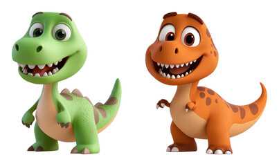 Naklejka premium Two cartoon dinosaur figures, one green and one orange, both with friendly expressions and distinct features, are standing side by side.