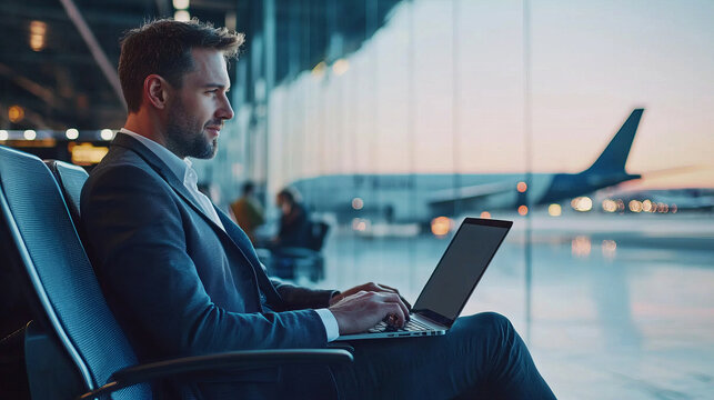 Businessman working on laptop in modern airport terminal