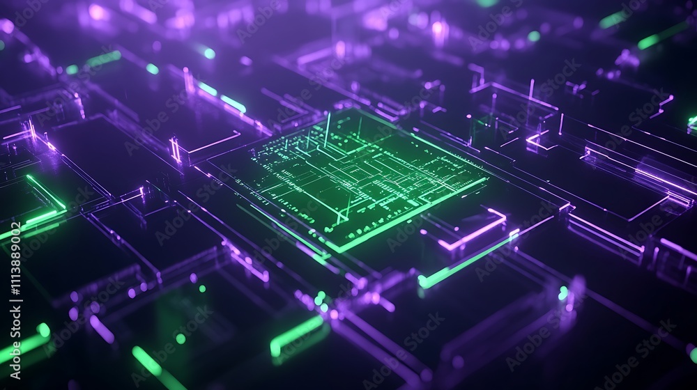 Poster abstract digital circuitry with neon glows in green and violet colors for futuristic concepts and te