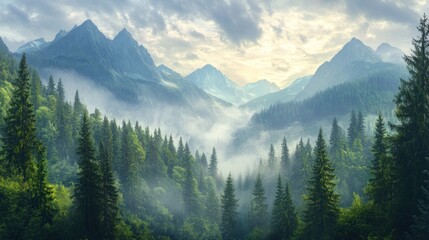 Fototapeta premium Misty Mountain Landscape with Evergreen Forest