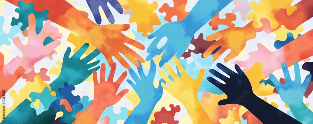 Poster many colorful hands reaching out together showing unity and teamwork