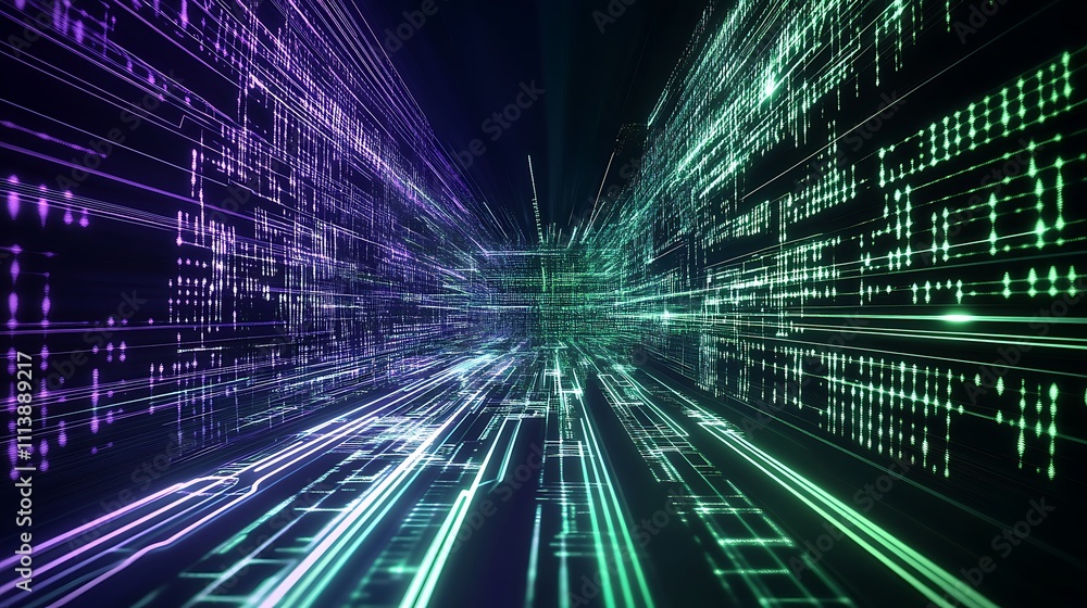 Poster abstract digital data landscape with colorful light trails in a futuristic environment