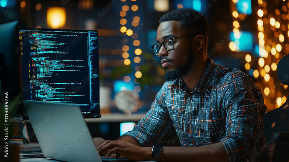 Poster focused software developer working late in a modern office
