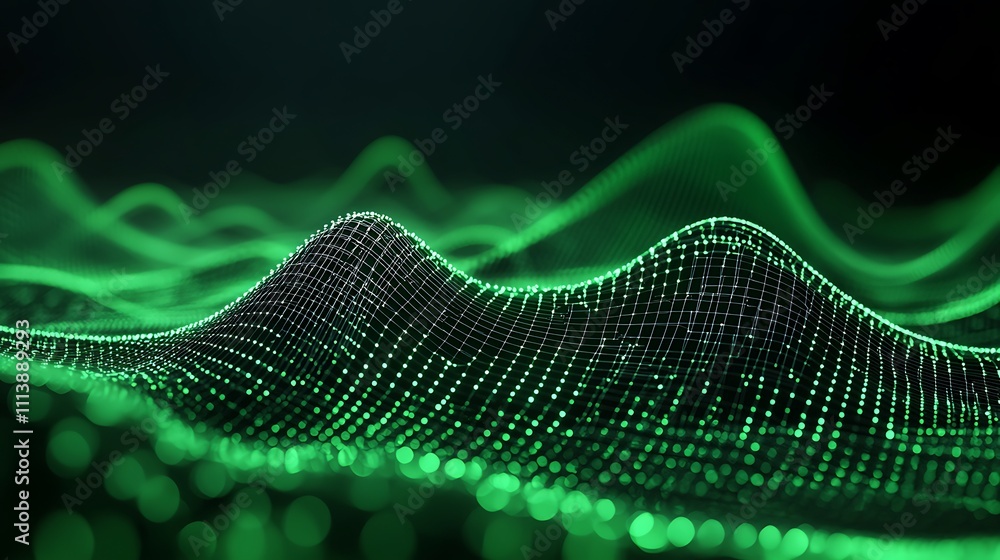 Poster abstract digital green waves with grid patterns in a futuristic 3d landscape representation