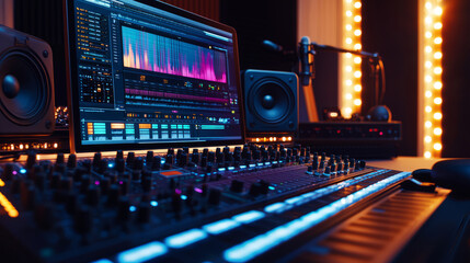 Modern recording studio with control desk and digital equipment