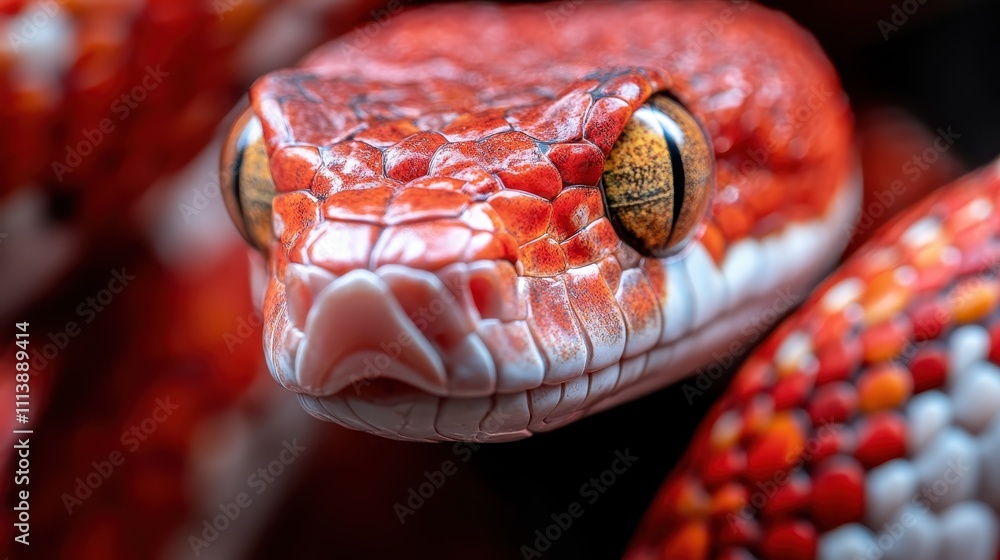 Poster an intense close-up of a snake with detailed scales and pattern, emphasizing its unique texture and 