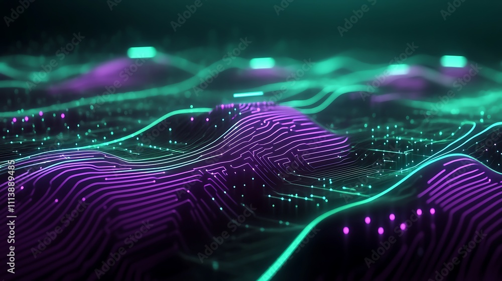Aufkleber abstract digital landscape visualization with glowing neon waves and intricate circuit patterns in p