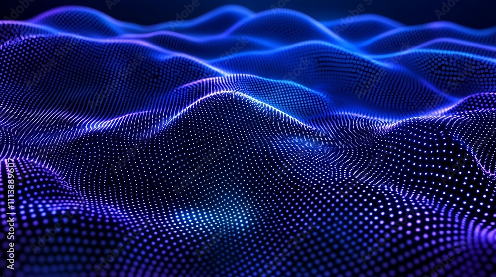 Poster abstract digital landscape with blue and purple waves creating a fluid 3d effect of dots and light p