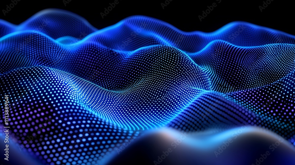 Poster abstract digital landscape with blue glowing dots creating waves and textures in a dark background