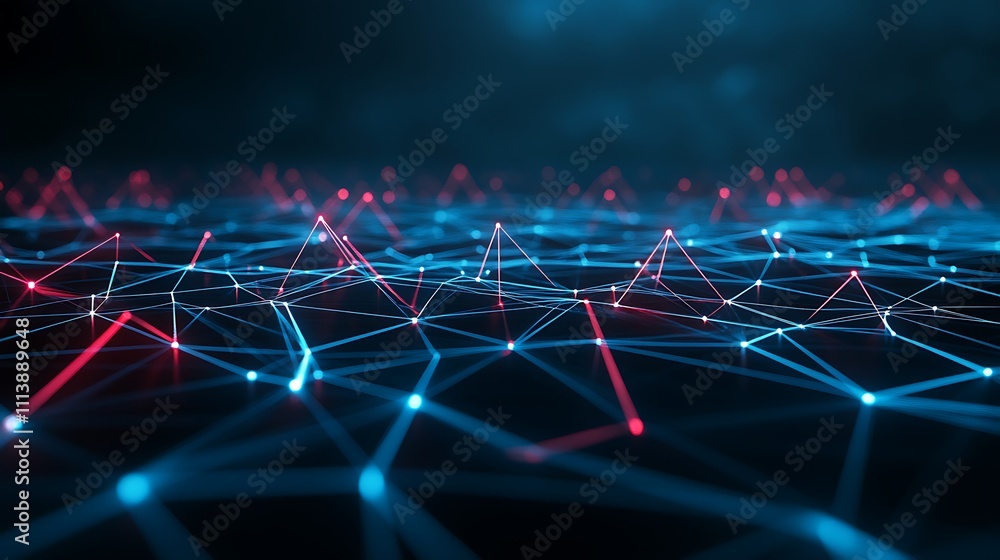 Poster abstract digital landscape with blue and red glowing lines forming a network in a dark futuristic se