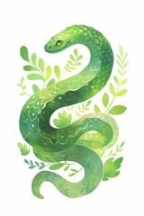 Naklejka premium Green snake coiled with leafy branches on a white background, nature and wildlife concept, ideal for educational materials, nature illustrations, or environmental designs.