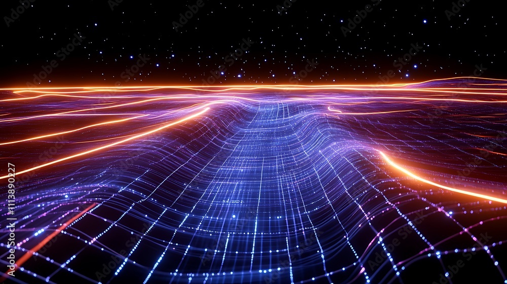 Poster abstract digital landscape with bright lines and starry background in futuristic style and colorful 