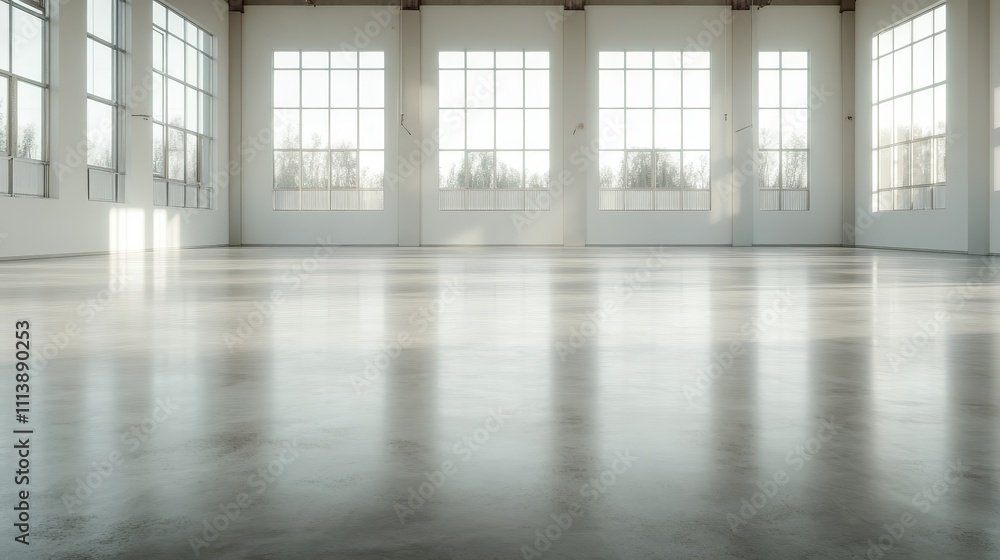 Poster a vast, unoccupied room with large windows and abundant natural light, creating a serene and open at