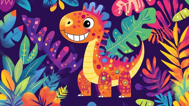 A colorful illustration of a friendly dinosaur in a jungle.